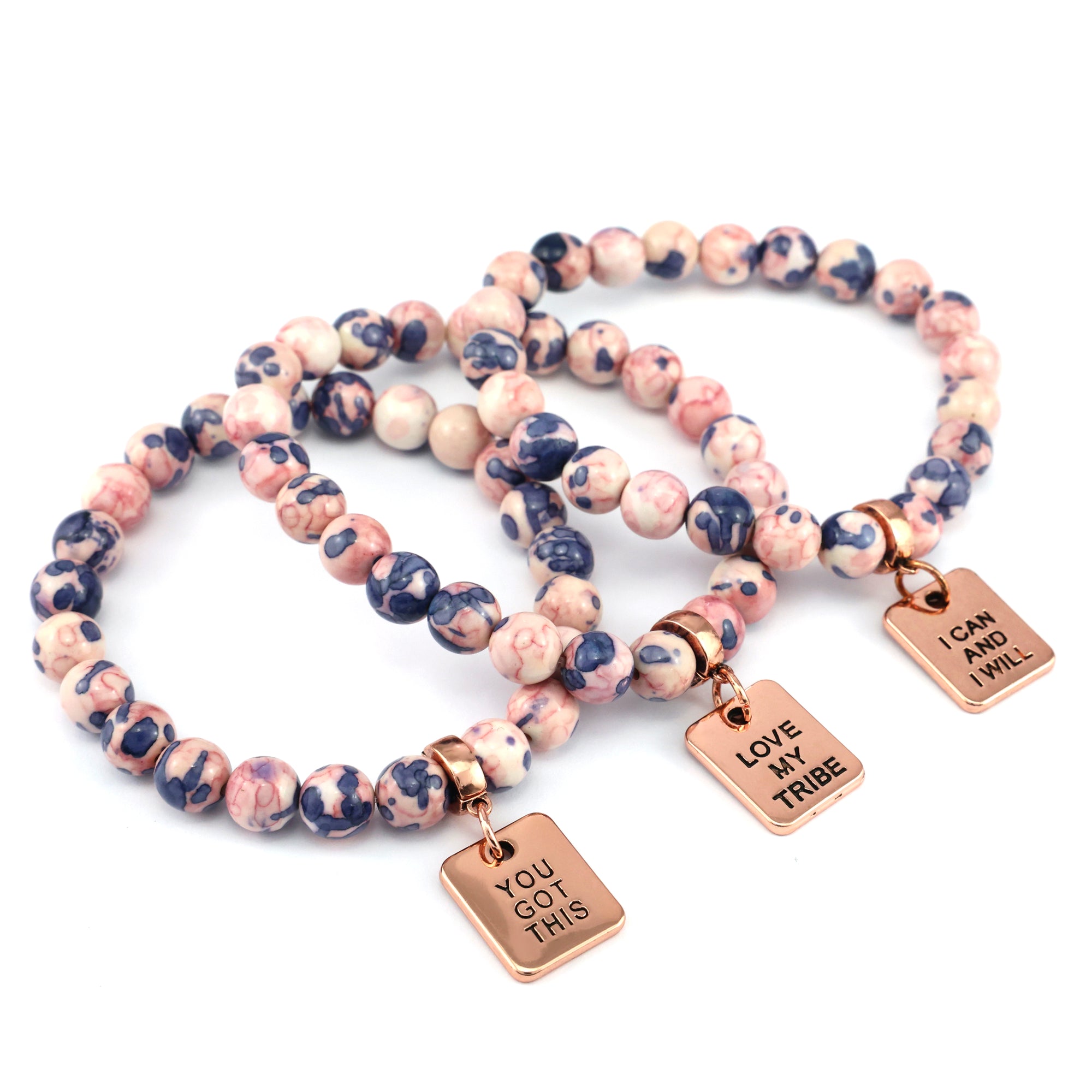 Stone Bracelet - Raspberry & Navy Patch Agate Stone 8mm Beads - with Rose Gold Word Charms