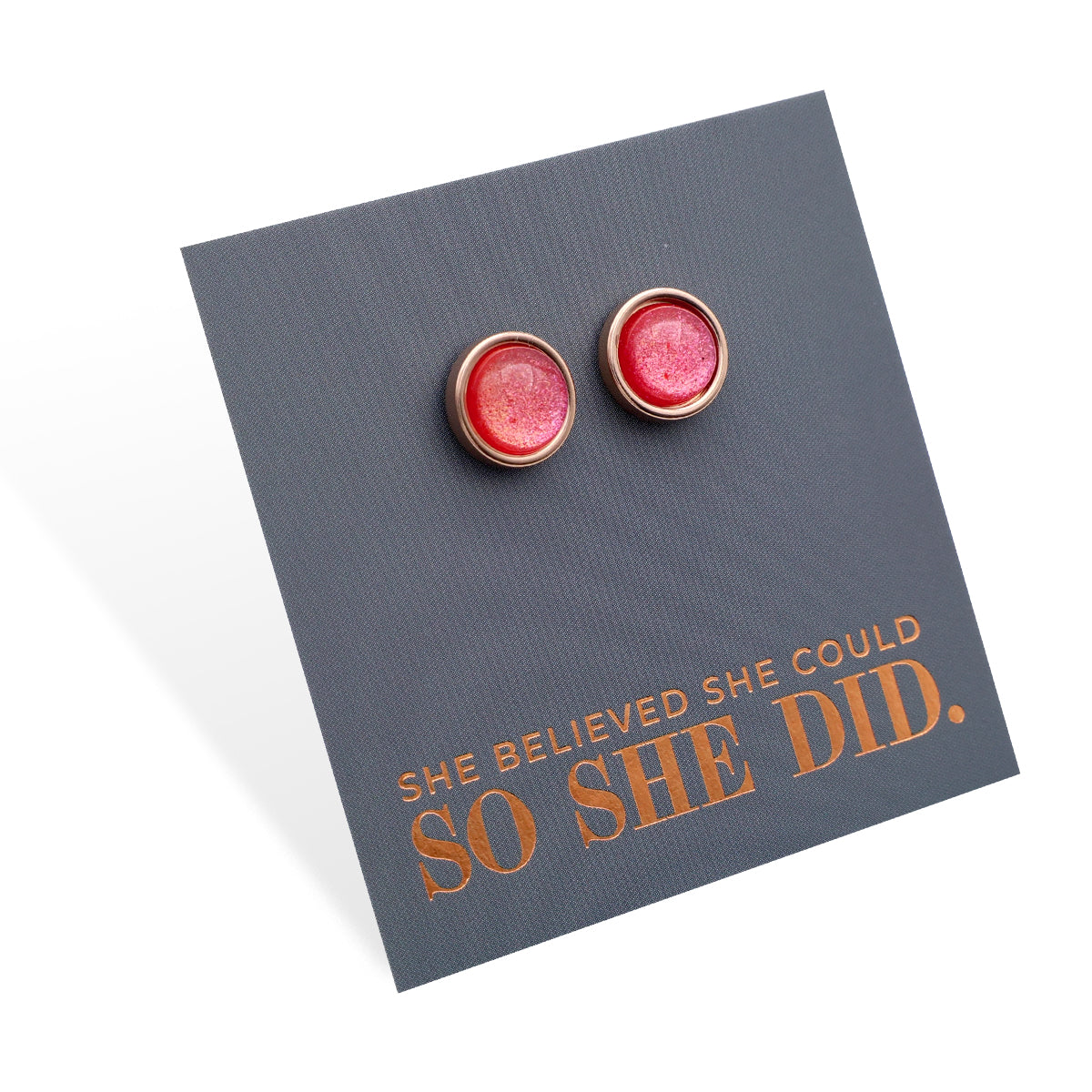 She Believed She Could So She Did - Rose Gold Stainless Steel 8mm Circle Studs - Raspberry Shimmer (11344)