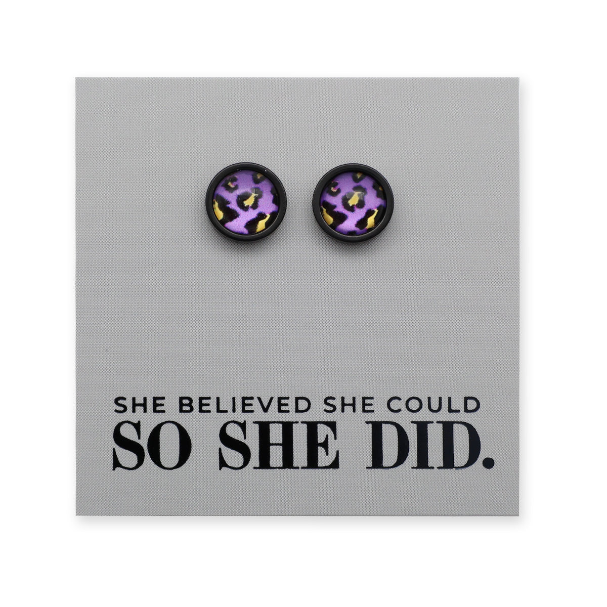 She Believed She Could So She Did - Black Stainless Steel 8mm Circle Studs - Purple Print Leopard (11322)