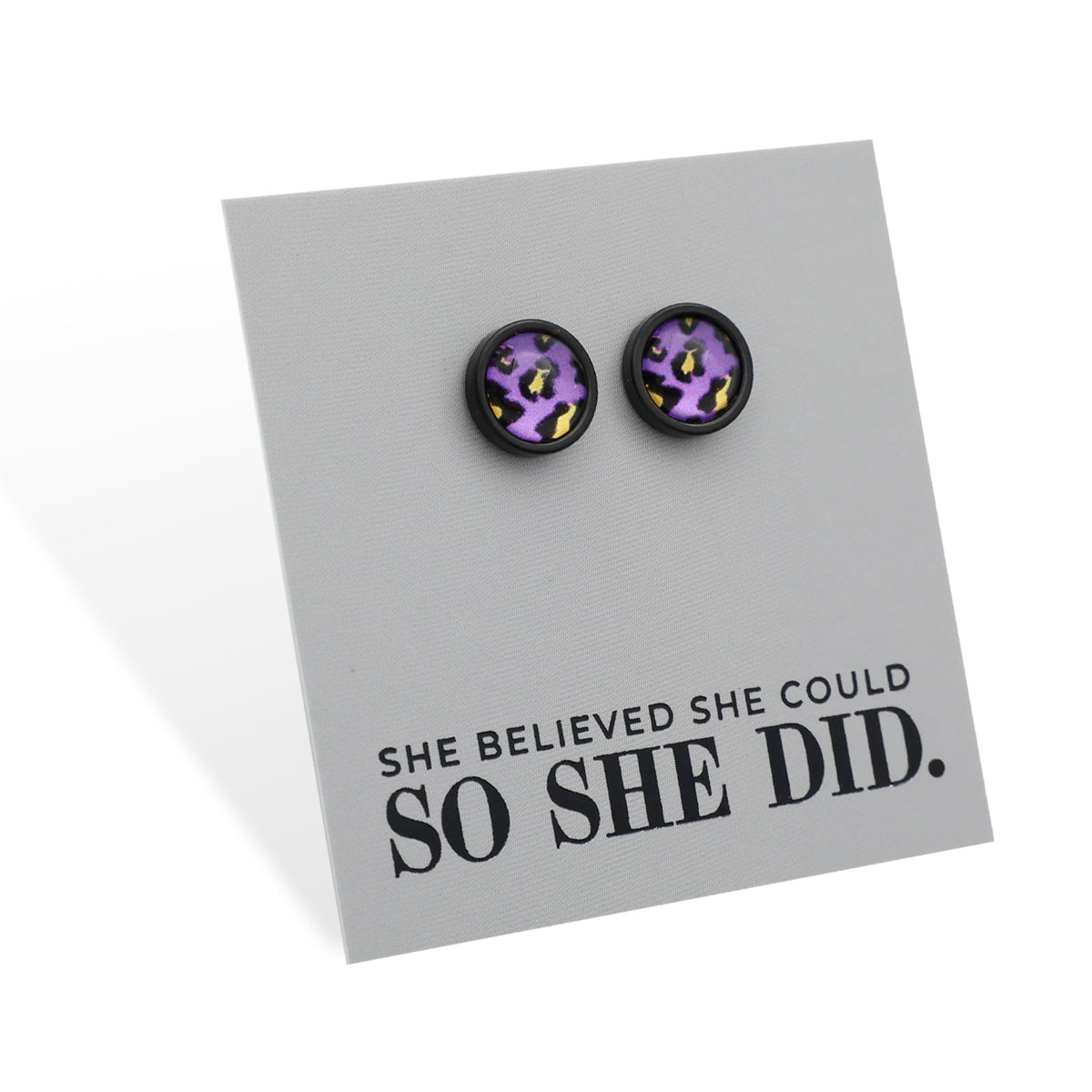 She Believed She Could So She Did - Black Stainless Steel 8mm Circle Studs - Purple Print Leopard (11322)