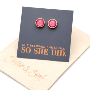 She Believed She Could So She Did - Rose Gold Stainless Steel 8mm Circle Studs - Raspberry Shimmer (11344)