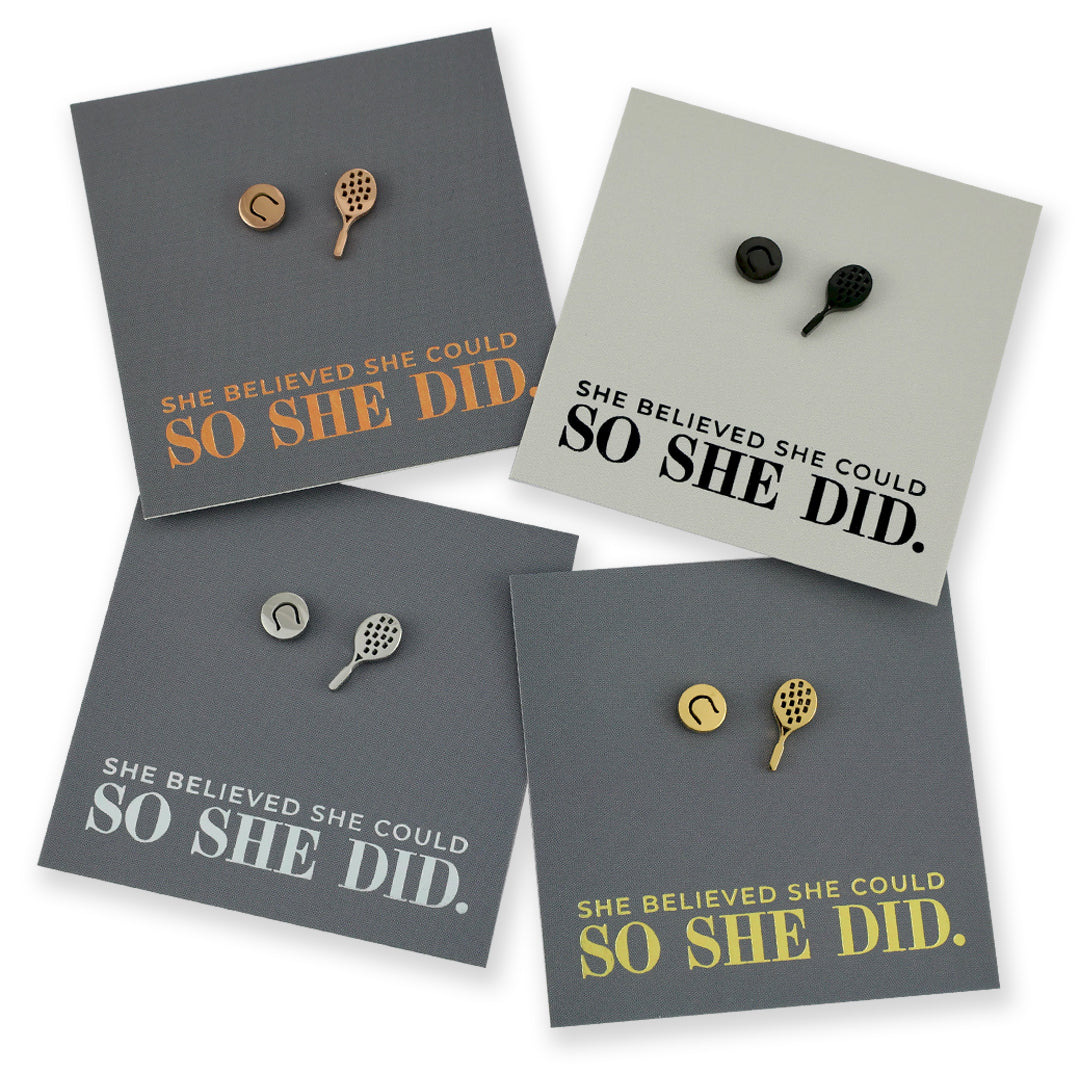 Stainless Steel Earring Studs - She Believed She Could So She Did - TENNIS ANYONE?