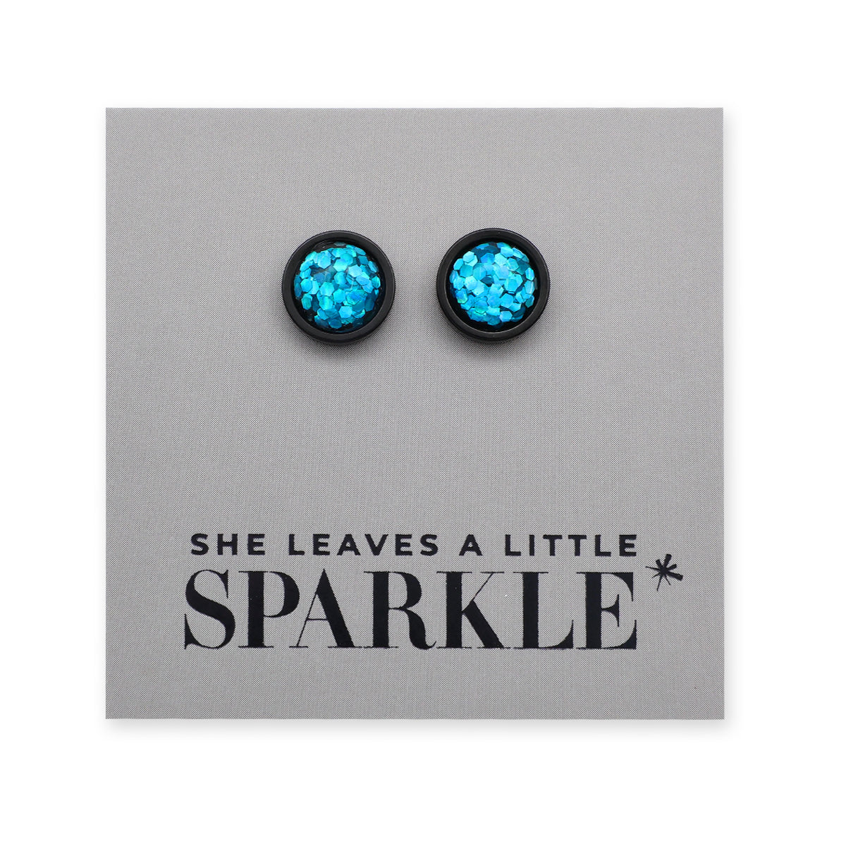 She Leaves A Little Sparkle - Black Stainless Steel 8mm Circle Studs - Aqua Blue Glitter (11461)