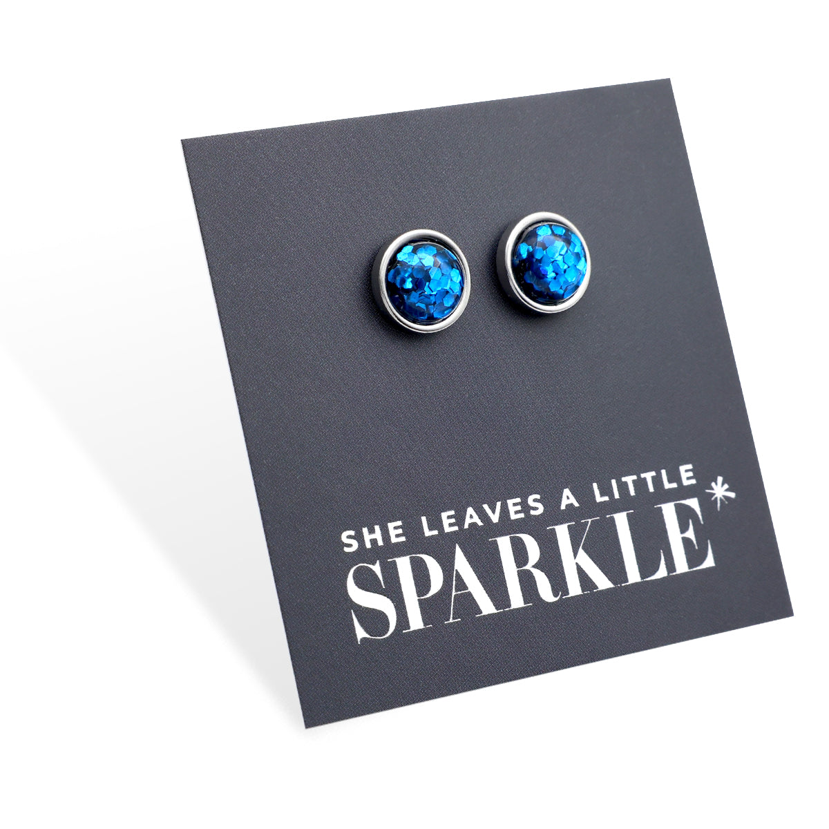 She Leaves A Little Sparkle - Silver Stainless Steel 8mm Circle Studs - Cobalt Blue Glitter (11562)