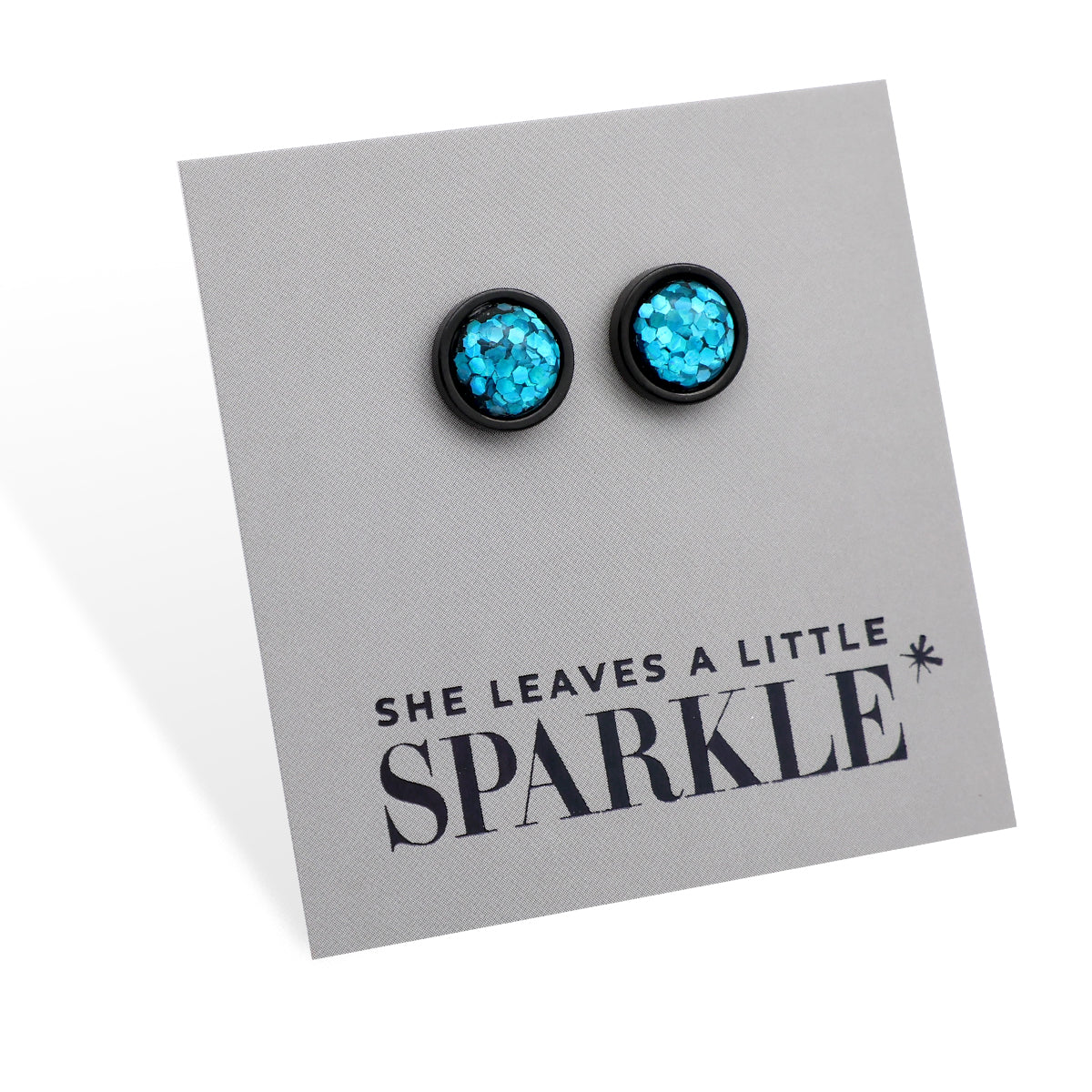 She Leaves A Little Sparkle - Black Stainless Steel 8mm Circle Studs - Aqua Blue Glitter (11461)