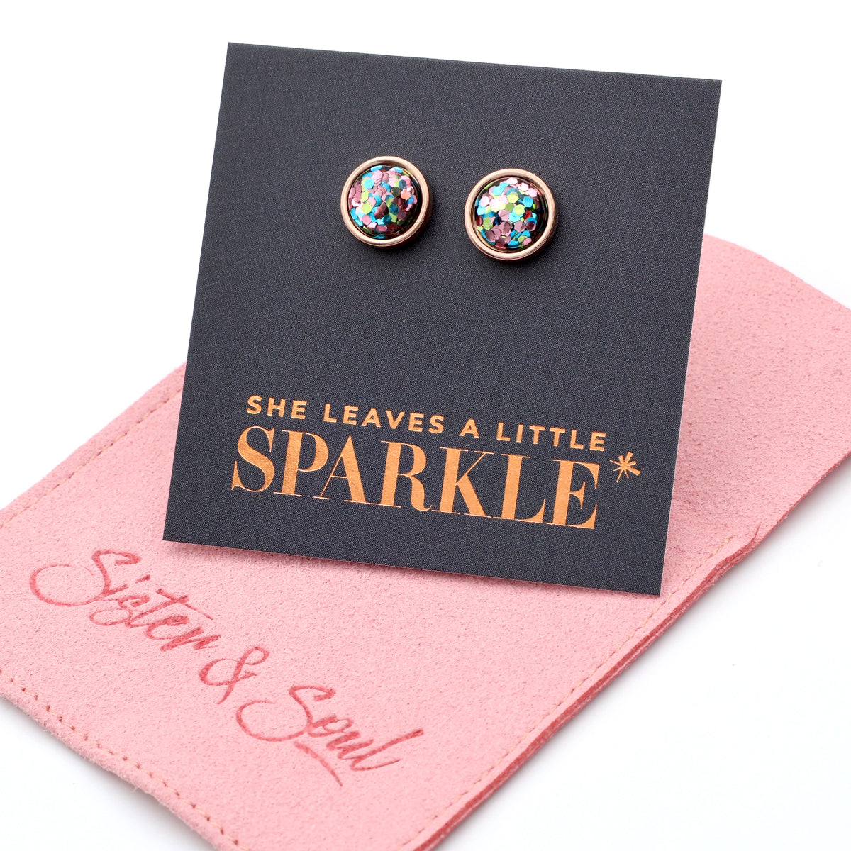 She Leaves A Little Sparkle - Rose Gold Stainless Steel 8mm Circle Studs - Glitter Pastels (11931)