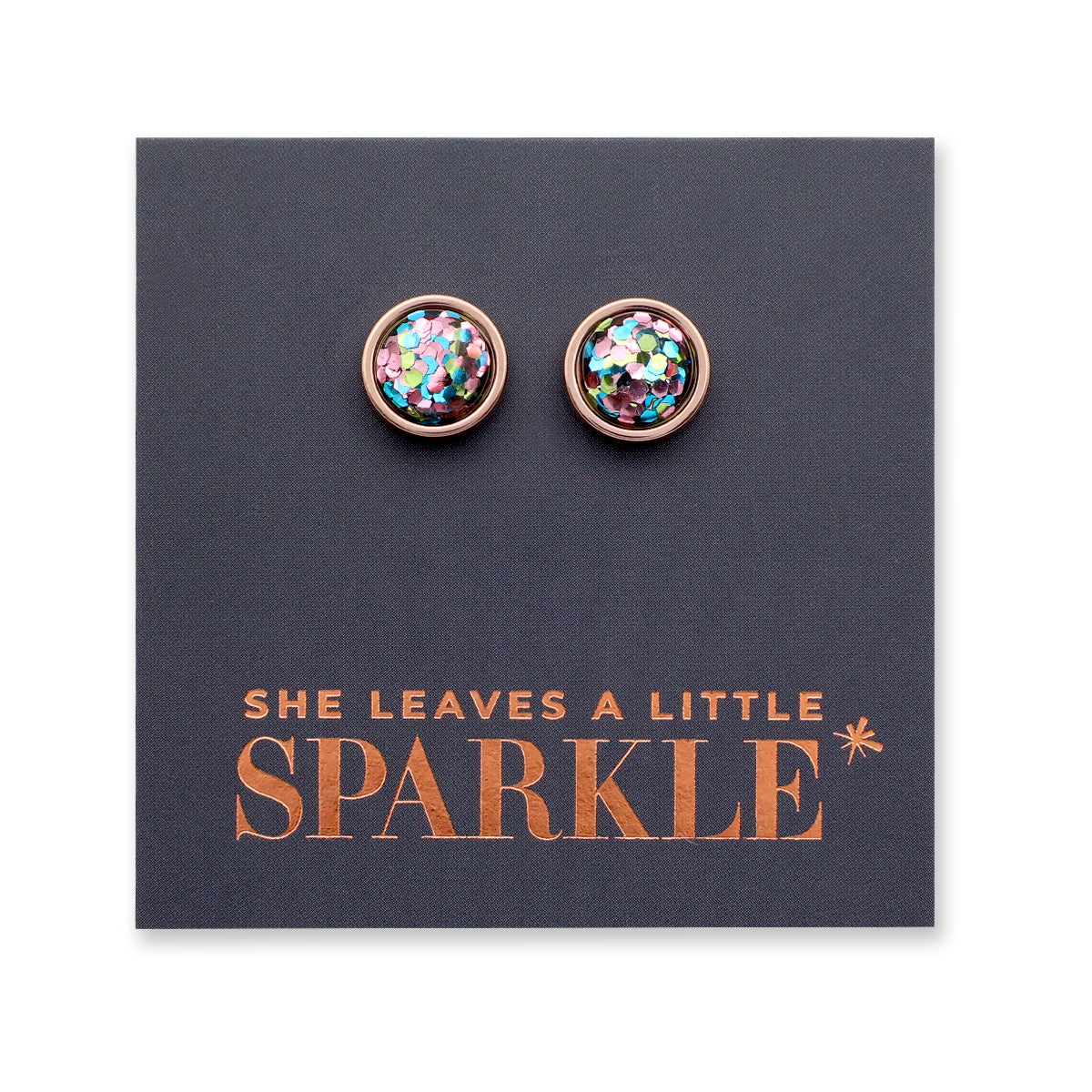 She Leaves A Little Sparkle - Rose Gold Stainless Steel 8mm Circle Studs - Glitter Pastels (11931)