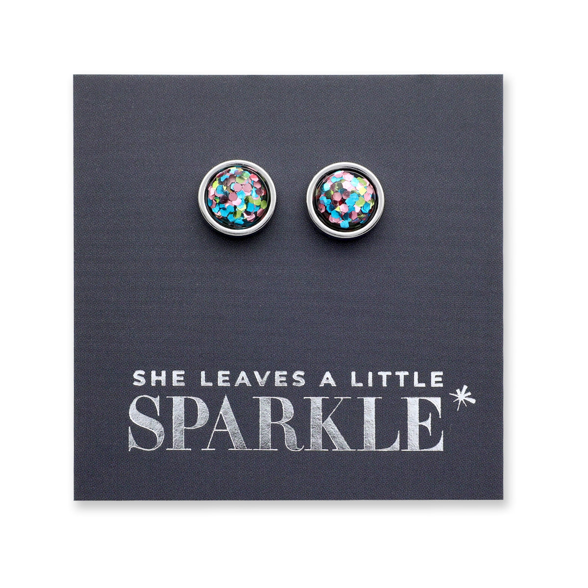 She Leaves A Little Sparkle - Silver Stainless Steel 8mm Circle Studs - Glitter Pastels (11833)