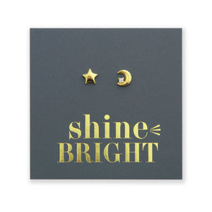 Star + Moon - 18k Gold Sterling Silver Studs + CZ - Shine Bright (8417-F)