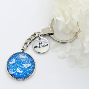 Blue Collection - Vintage Silver 'BE PRESENT' Keyring - Snow Bird (10651)