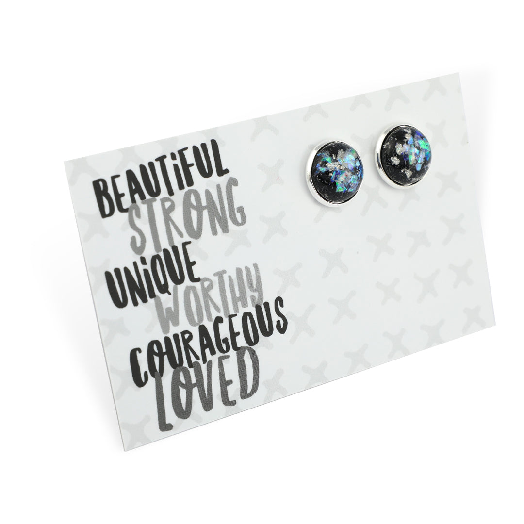 SPARKLEFEST - Beautiful Strong Unique - Black & Silver Leaf Resin Bright Silver Stud (11823)