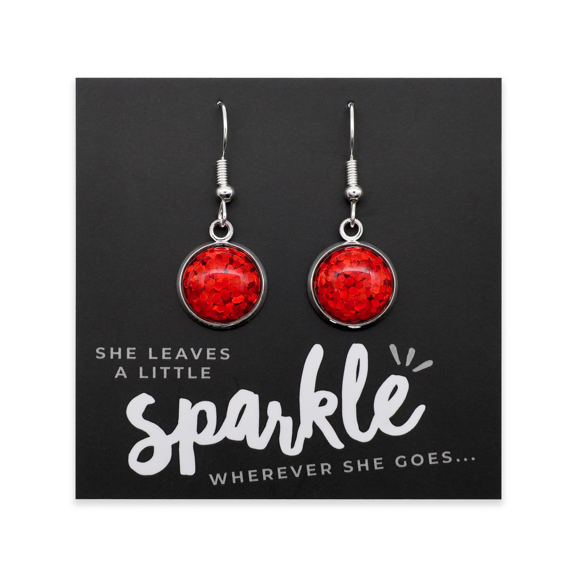 SPARKLEFEST - She Leaves A Little Sparkle - Stainless Steel Bright Silver Dangles - Red Glitter (11955)