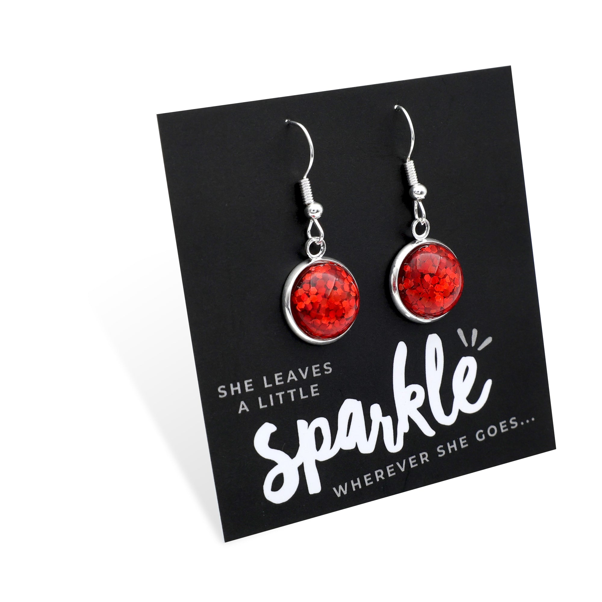 SPARKLEFEST - She Leaves A Little Sparkle - Stainless Steel Bright Silver Dangles - Red Glitter (11955)