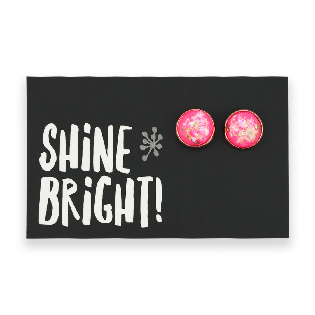 SPARKLEFEST - Shine Bright! - Rose Gold Stud Earrings - Hot Pink Gold Leaf Shimmer Resin (11835)