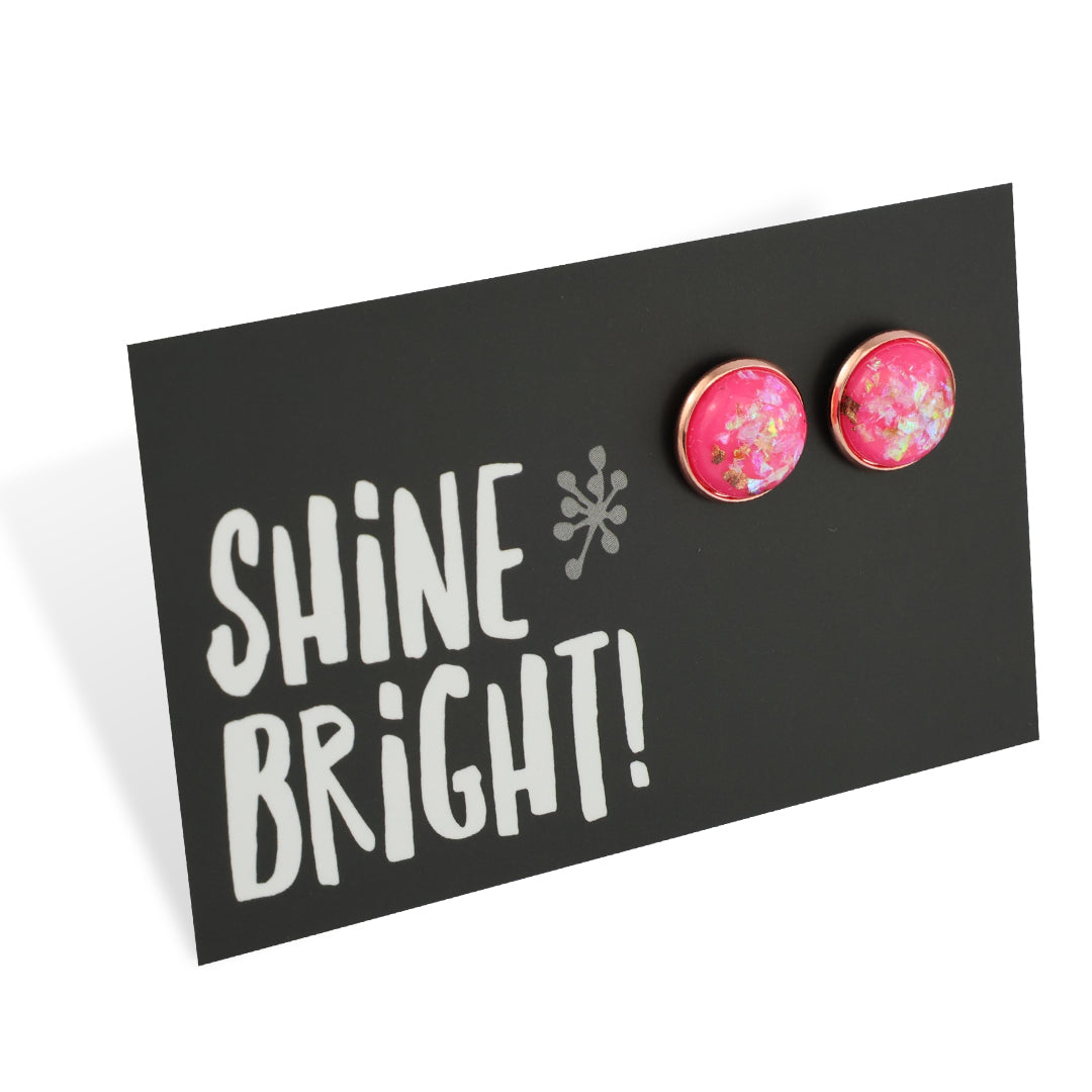 SPARKLEFEST - Shine Bright! - Rose Gold Stud Earrings - Hot Pink Gold Leaf Shimmer Resin (11835)