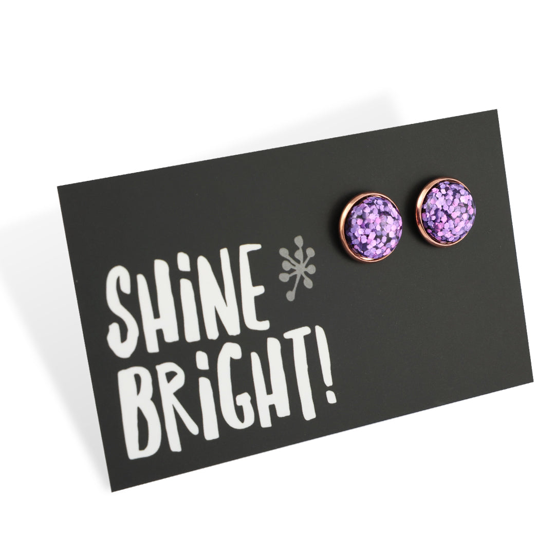 SPARKLEFEST - Shine Bright! - Rose Gold 12mm Circle Studs - Purple Glitter (11853)