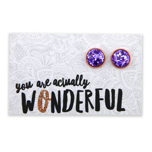 SPARKLEFEST - You Are Actually Wonderful - Rose Gold 12mm Circle Studs - Purple Glitter (2104-F)