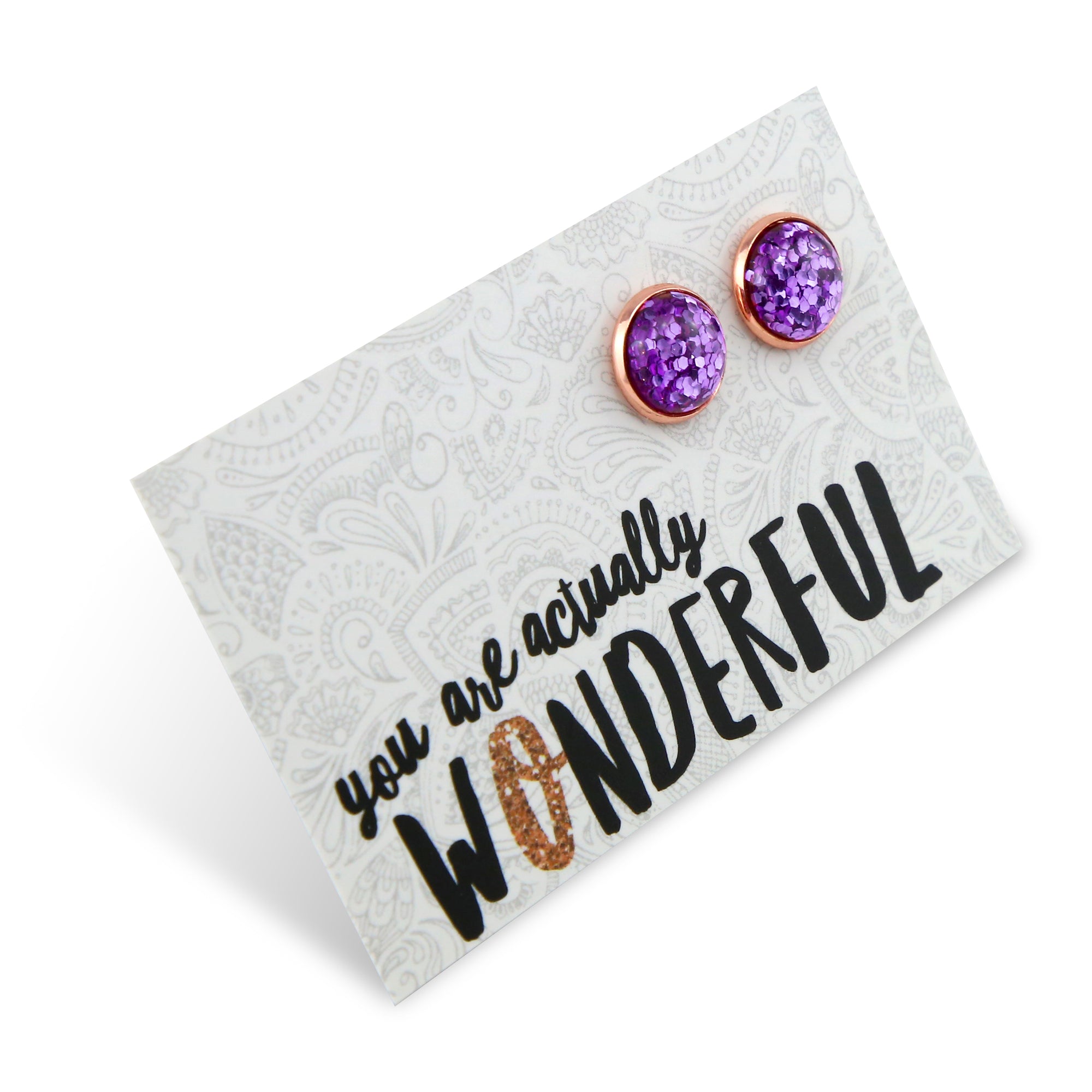 SPARKLEFEST - You Are Actually Wonderful - Rose Gold 12mm Circle Studs - Purple Glitter (2104-F)