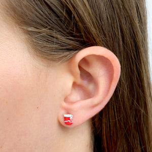 Red Stocking - Joy To The World - Sterling Silver & Enamel Studs (2106-F)