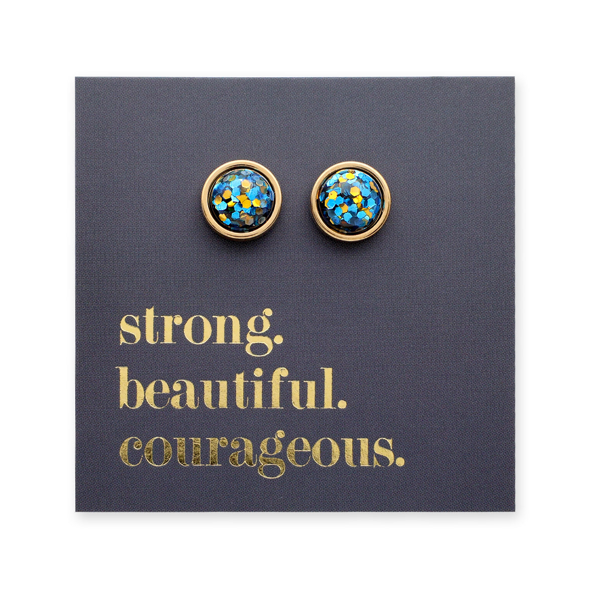 Strong Beautiful Courageous - Gold Stainless Steel 8mm Circle Studs - Blue & Gold Glitter (11561)