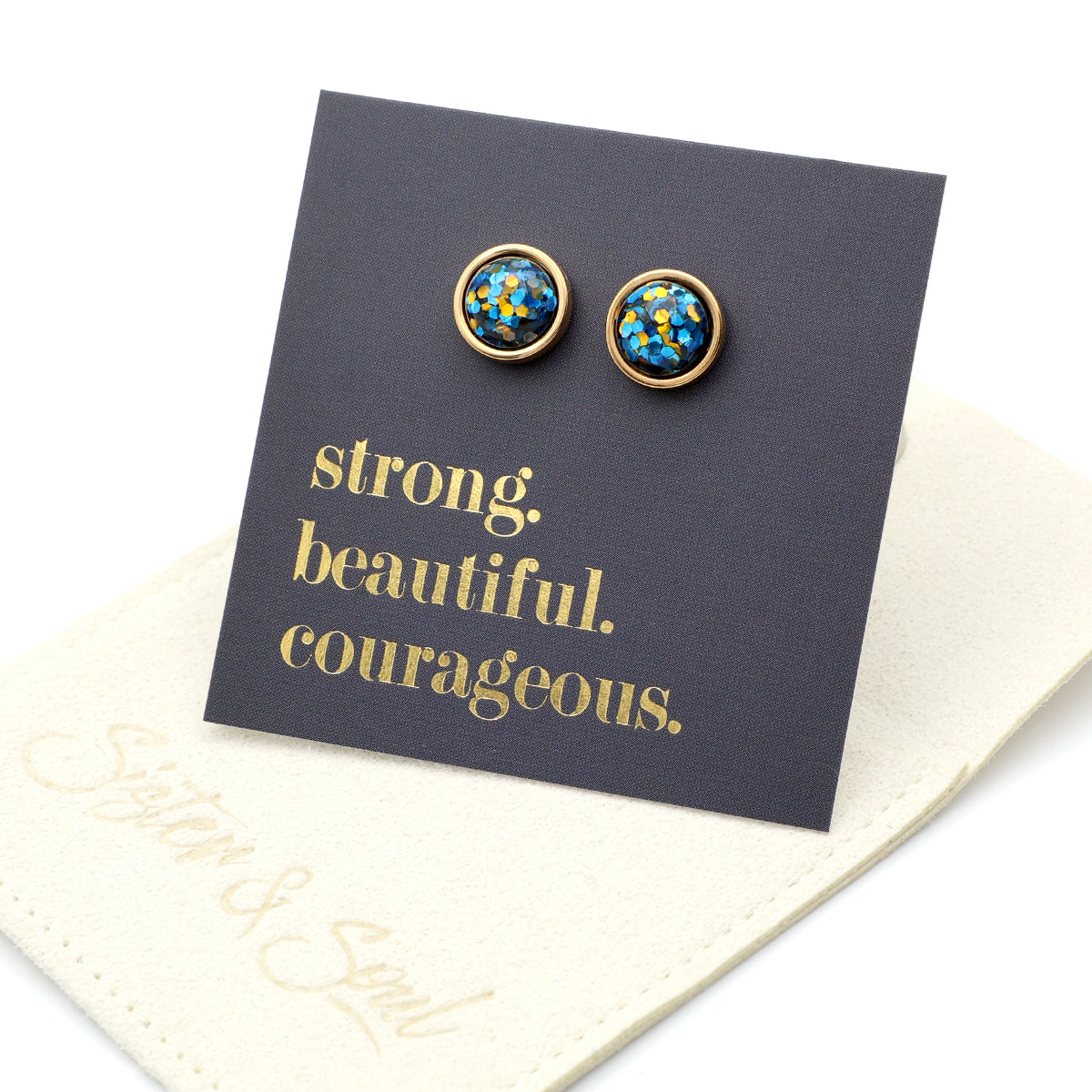 Strong Beautiful Courageous - Gold Stainless Steel 8mm Circle Studs - Blue & Gold Glitter (11561)