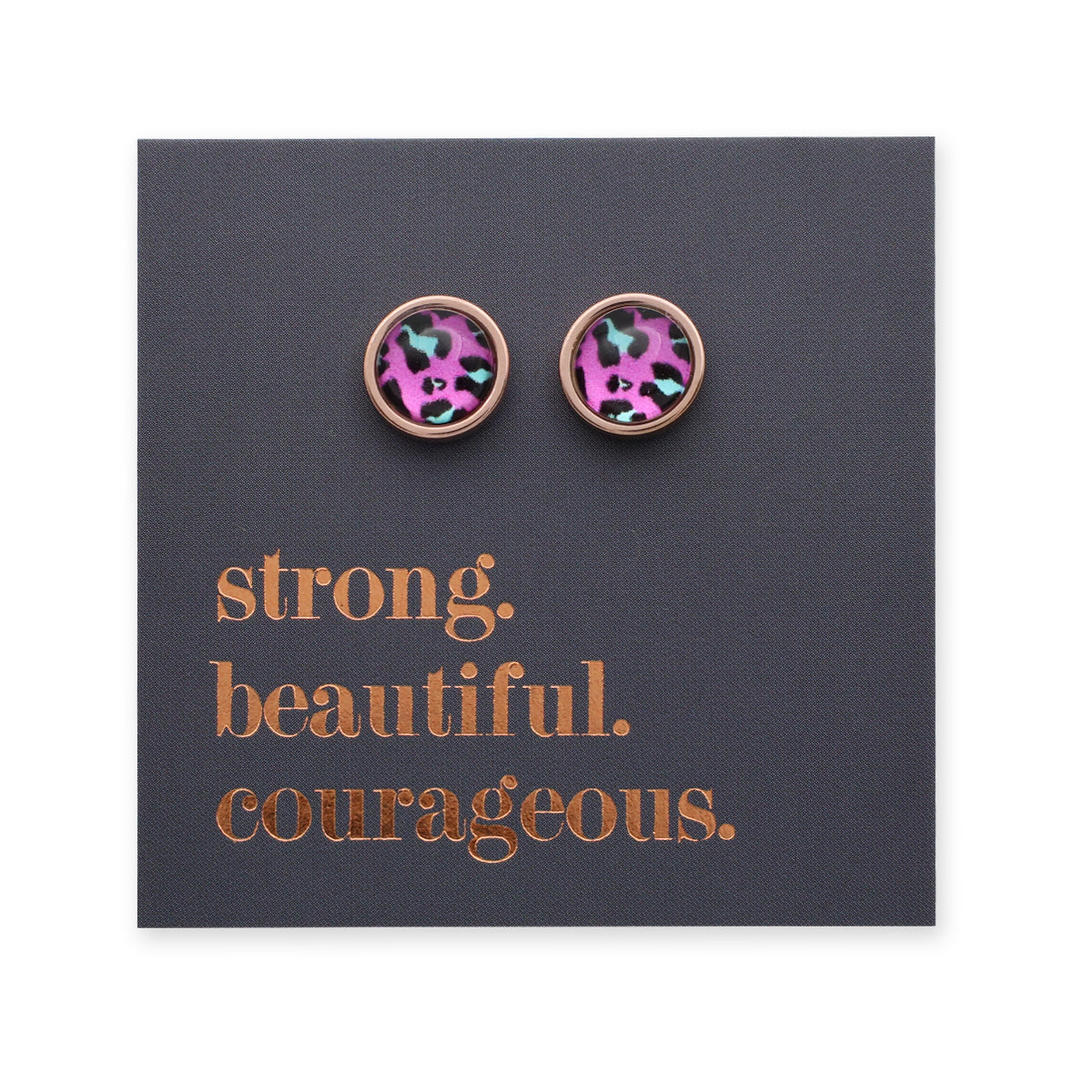 Strong Beautiful Courageous - Rose Gold Stainless Steel 8mm Circle Studs - Magenta Leopard (11355)