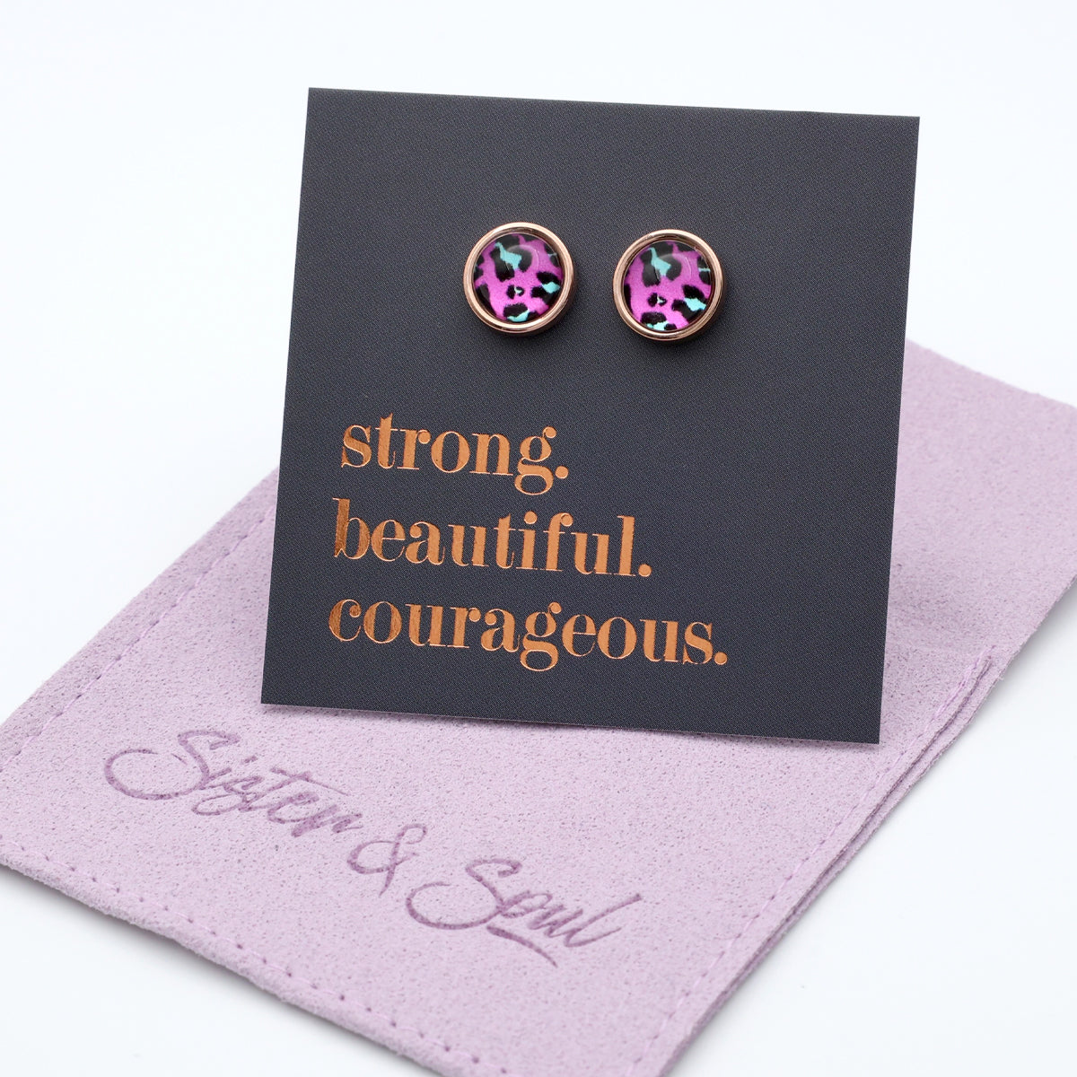 Strong Beautiful Courageous - Rose Gold Stainless Steel 8mm Circle Studs - Magenta Leopard (11355)