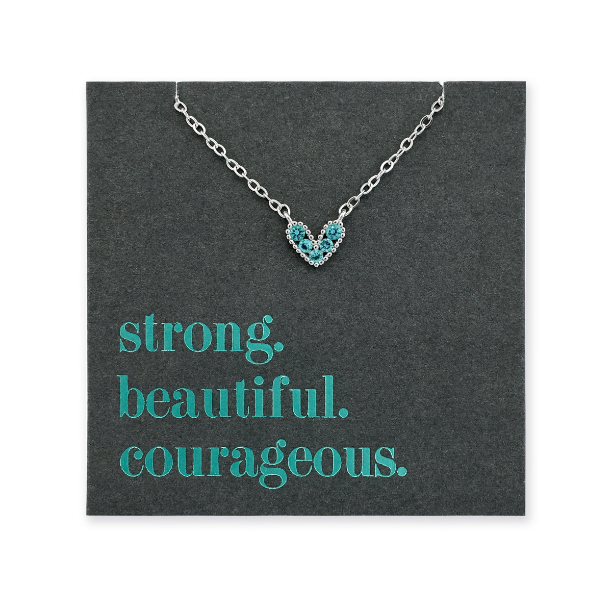 Premium Fine Necklace - Sterling Silver with Teal Heart + CZ - Strong Beautiful Courageous (2102-R)