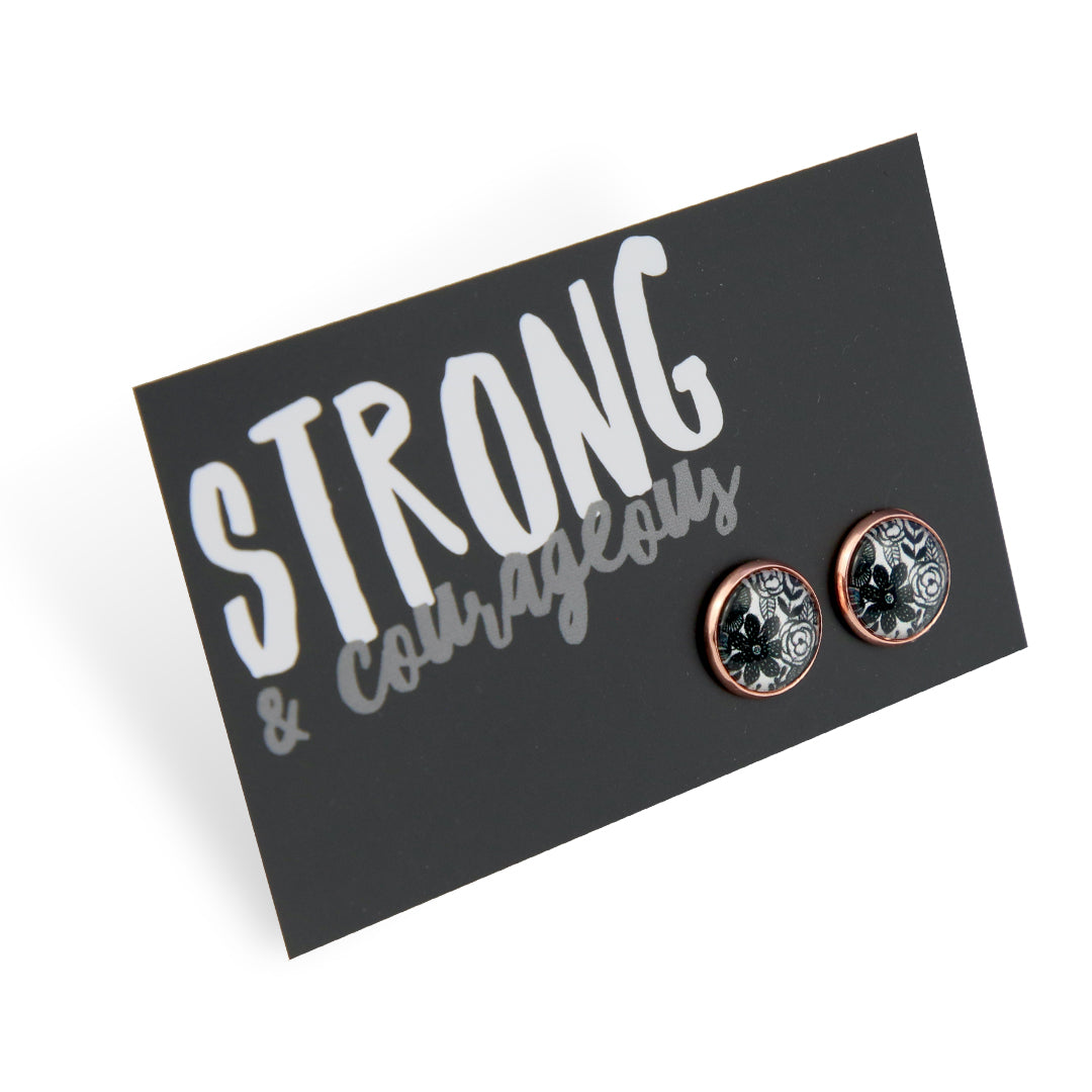 Black & White Collection - Strong & Courageous - Rose Gold 12mm Circle Studs - Ebony Bloom (12314)