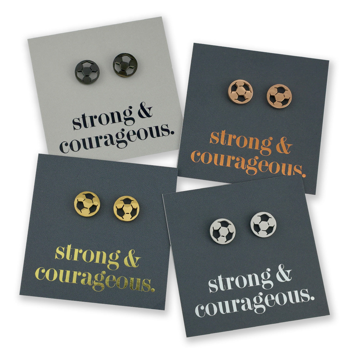 Stainless steel hypoallergenic soccer foorball stud earring, presented on a foil card that says strong and courageous. 