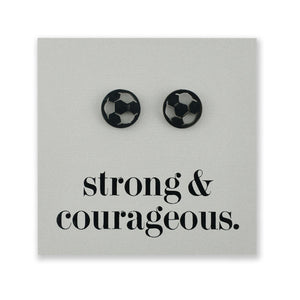 Stainless steel hypoallergenic soccer foorball stud earring, presented on a foil card that says strong and courageous. 