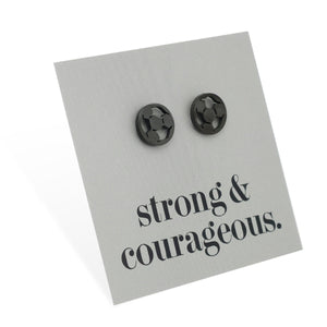 Stainless steel hypoallergenic soccer foorball stud earring, presented on a foil card that says strong and courageous. 