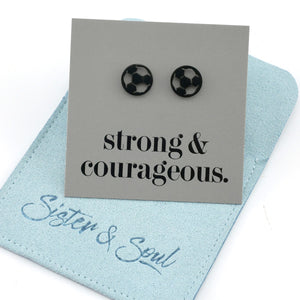 Stainless steel hypoallergenic soccer foorball stud earring, presented on a foil card that says strong and courageous. 