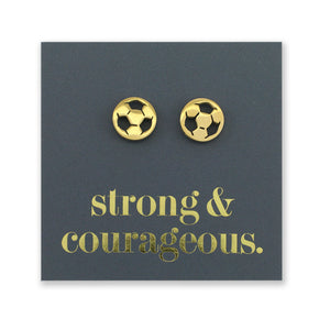 Stainless steel hypoallergenic soccer foorball stud earring, presented on a foil card that says strong and courageous. 