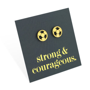 Stainless steel hypoallergenic soccer foorball stud earring, presented on a foil card that says strong and courageous. 