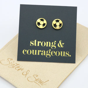 Stainless steel hypoallergenic soccer foorball stud earring, presented on a foil card that says strong and courageous. 