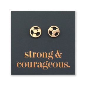 Stainless steel hypoallergenic soccer foorball stud earring, presented on a foil card that says strong and courageous. 