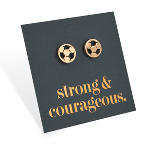 Stainless steel hypoallergenic soccer foorball stud earring, presented on a foil card that says strong and courageous. 