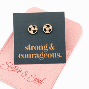 Stainless steel hypoallergenic soccer foorball stud earring, presented on a foil card that says strong and courageous. 