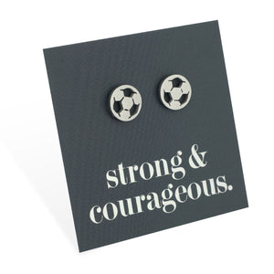 Stainless steel hypoallergenic soccer foorball stud earring, presented on a foil card that says strong and courageous. 