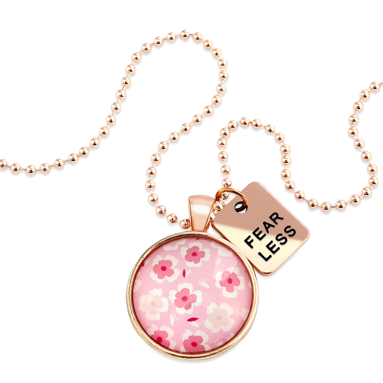 Pink floral print circle pendant rose gold ball chain necklace with rose gold 'fear less' word charm. Fundraising product for the National Breast Cancer Foundation. 