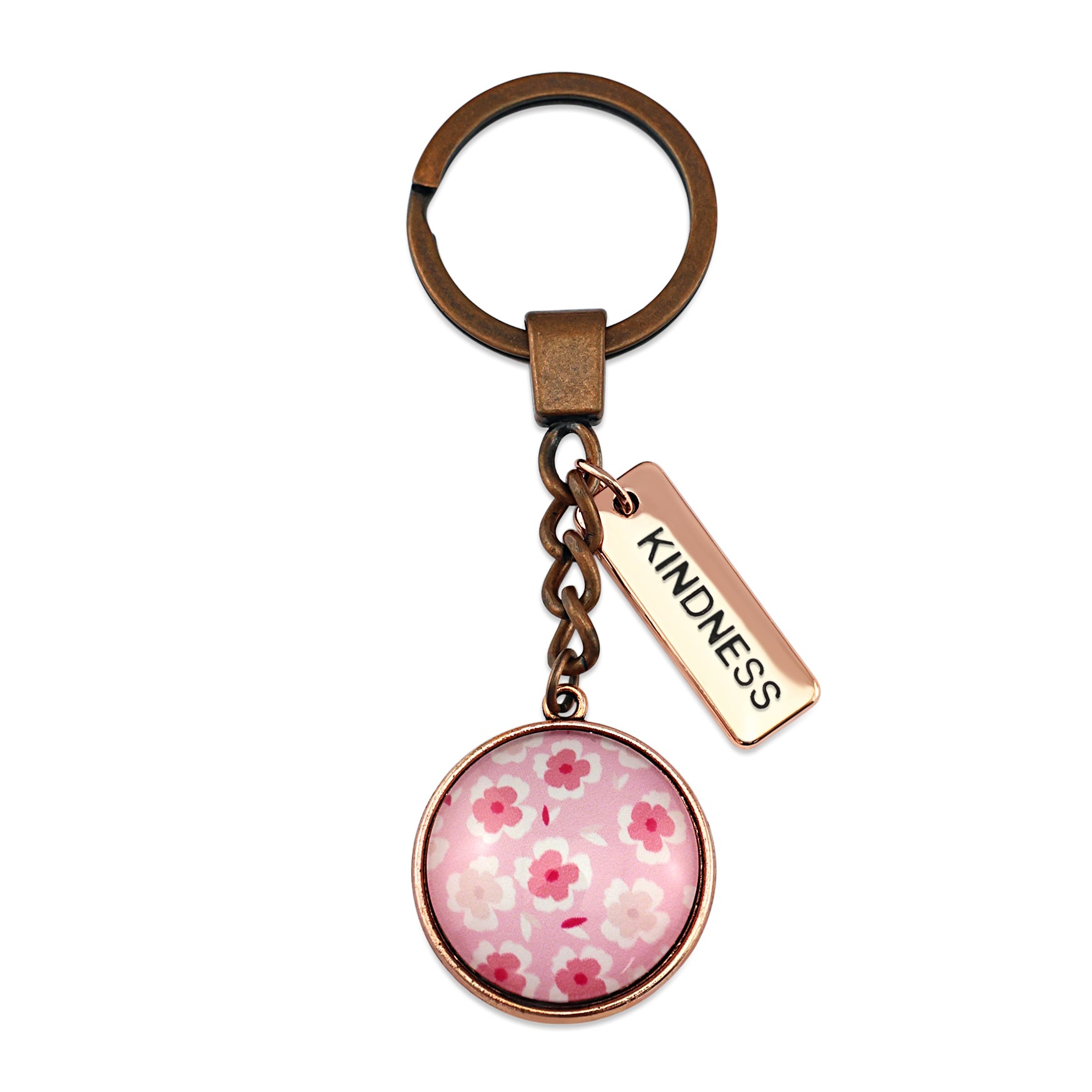 Circle pendant keyring in vintage copper with 'kindness' charm, soft pink floral print. Fundraiser for the national breast cancer foundation.