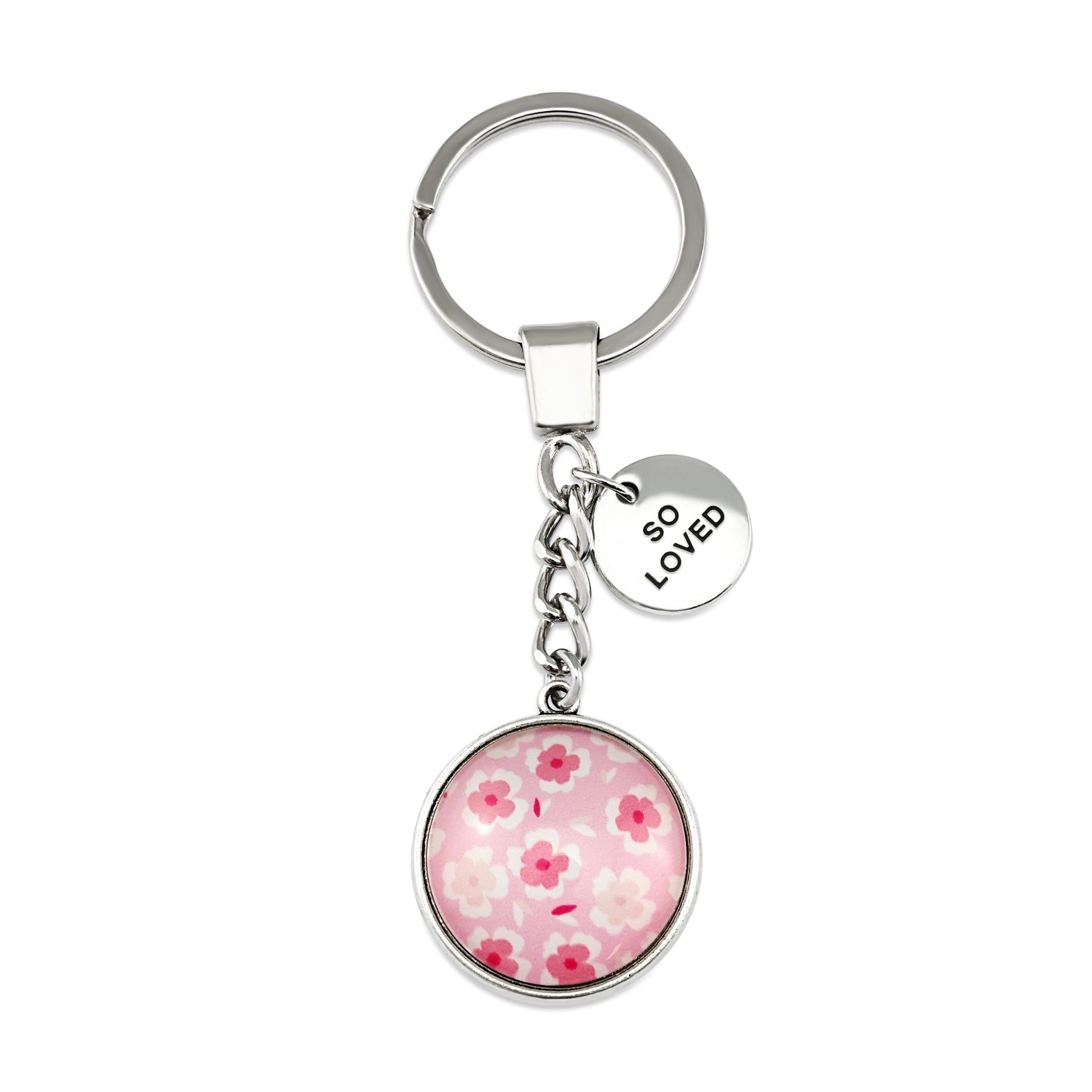 Circle pendant keyring in vintage silver with 'so loved ' charm, soft pink floral print. Fundraiser for the national breast cancer foundation.