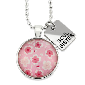 Pink floral print circle pendant silver ball chain necklace with silver 'soul sister' word charm. Fundraising product for the National Breast Cancer Foundation. 