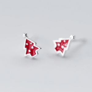 Sterling Silver Studs - Joy To The World - Tiny Red Enamel Christmas Tree (8910-F)