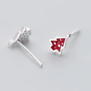 Sterling Silver Studs - Joy To The World - Tiny Red Enamel Christmas Tree (8910-F)