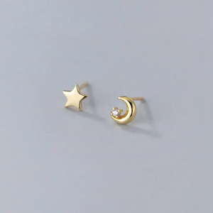 Star + Moon - 18k Gold Sterling Silver Studs + CZ - Shine Bright (8417-F)