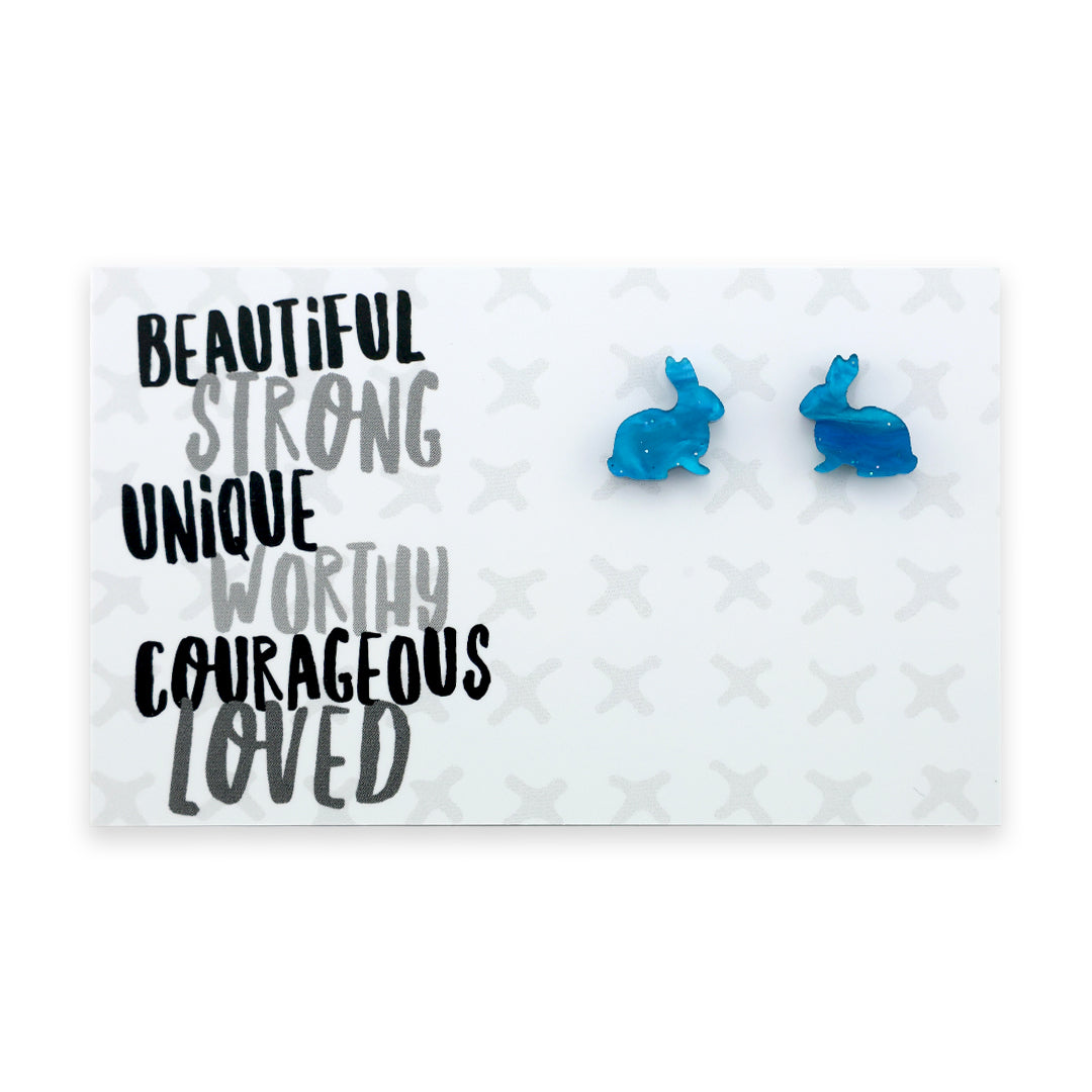 RESIN ACRYLIC BUNNY STUDS - Beautiful Strong Unique - Teal Blue Swirl (9503)