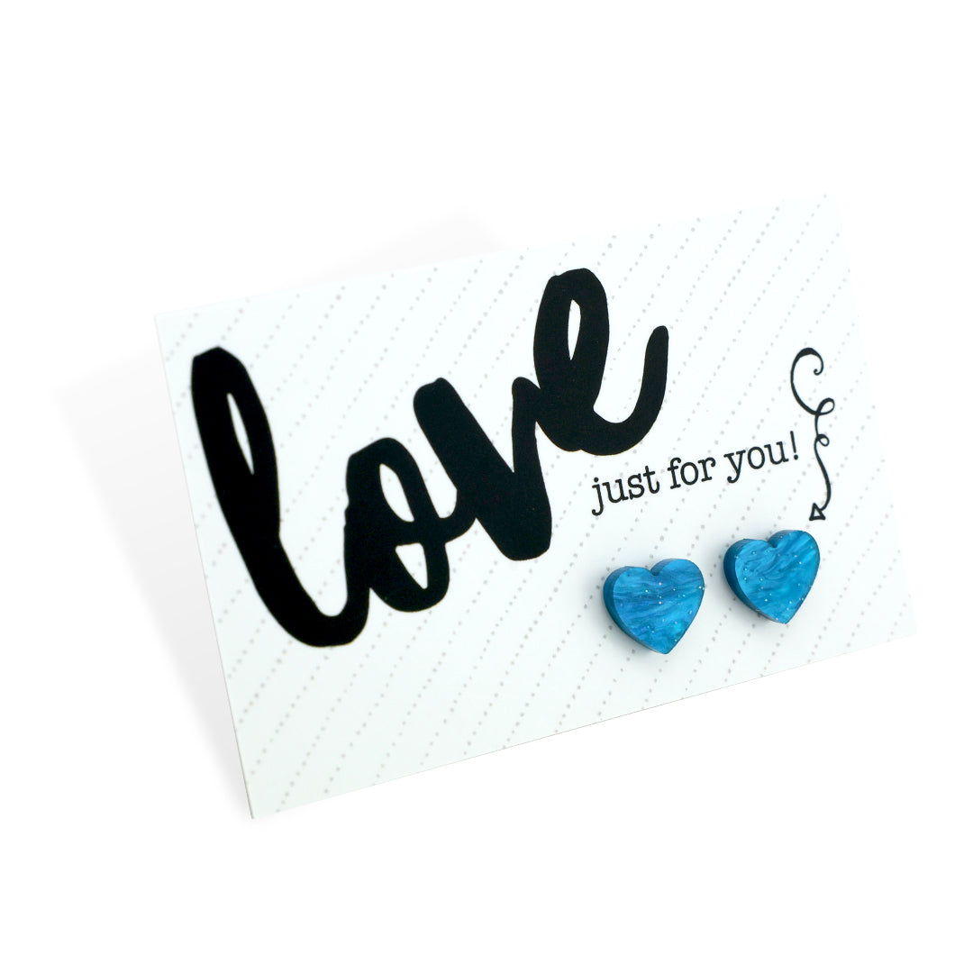 RESIN ACRYLIC HEART STUDS - Love Just For You - Teal Blue Swirl (11851)