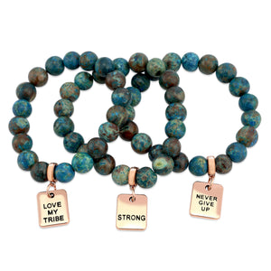 Precious Stone Bracelet - Teal Imperial Jasper 10mm Beads - With Rose Gold Word Charm